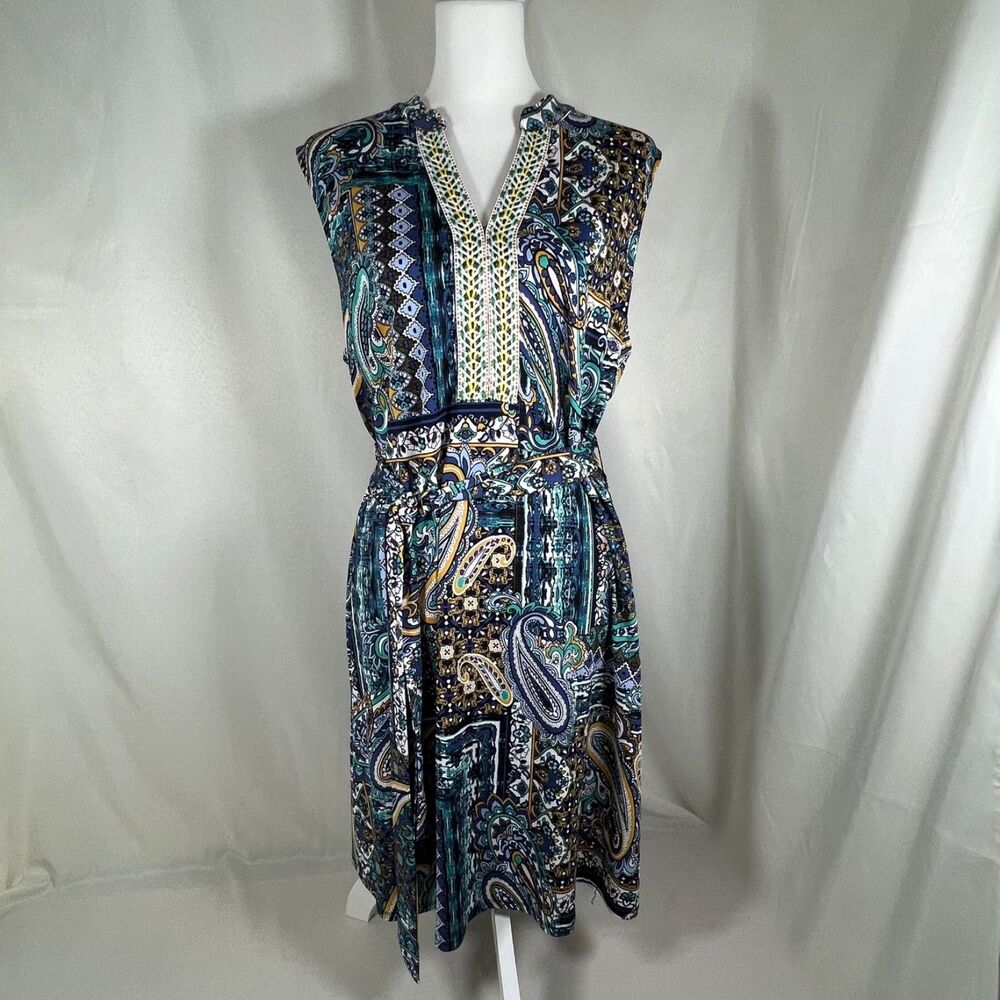 TACERA Women's Sz L Paisley Print Sleeveless Shift Dress Split Neck Belted Boho